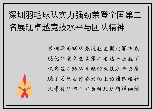 深圳羽毛球队实力强劲荣登全国第二名展现卓越竞技水平与团队精神