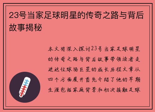 23号当家足球明星的传奇之路与背后故事揭秘
